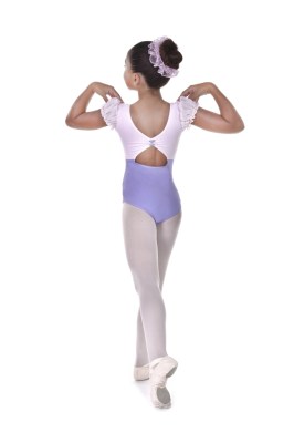 Girls bicoloured puff sleeved leotard pinched key hole